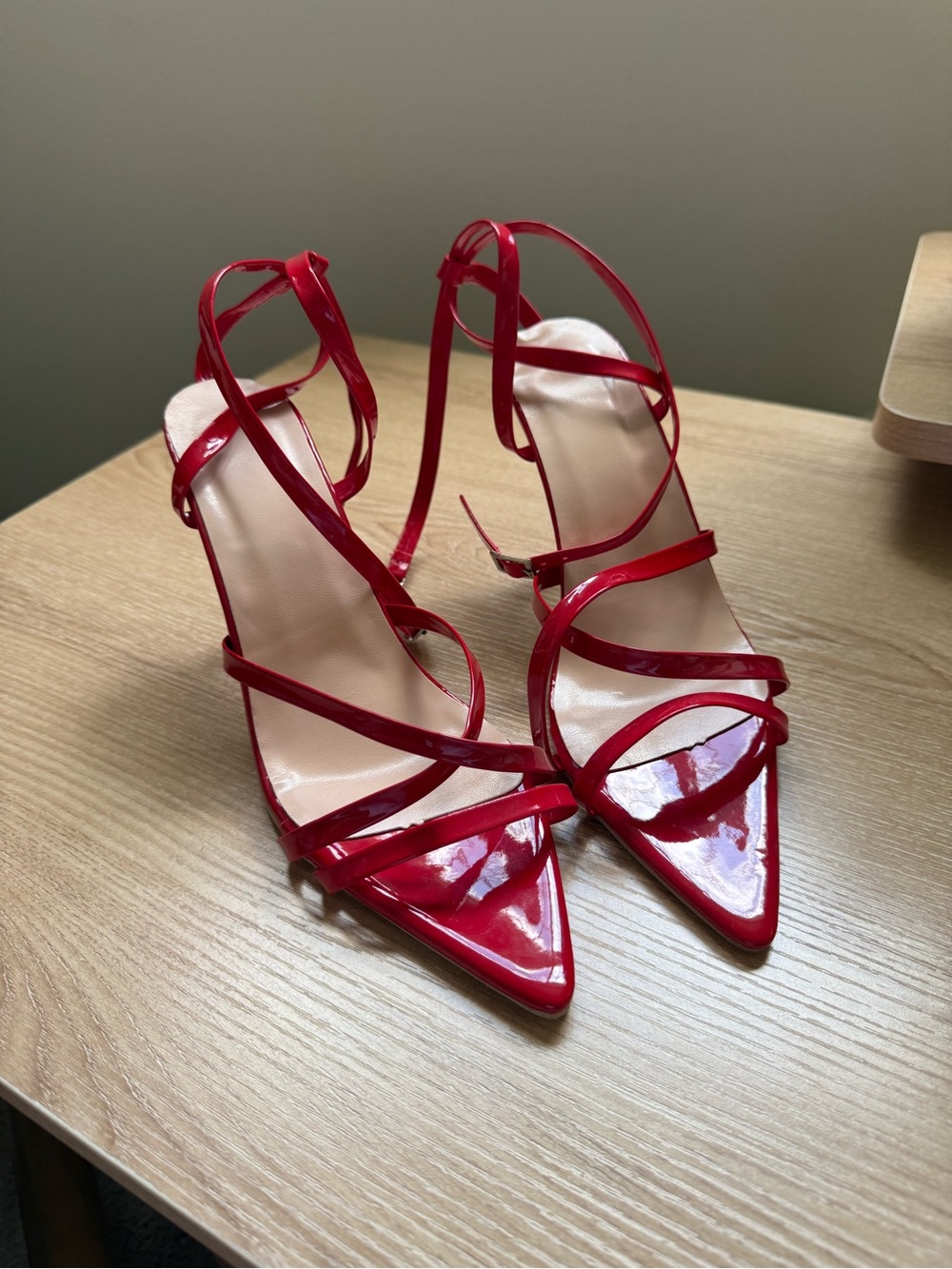 Red Patent Strappy Pointed-Toe Heels with Ankle Strap